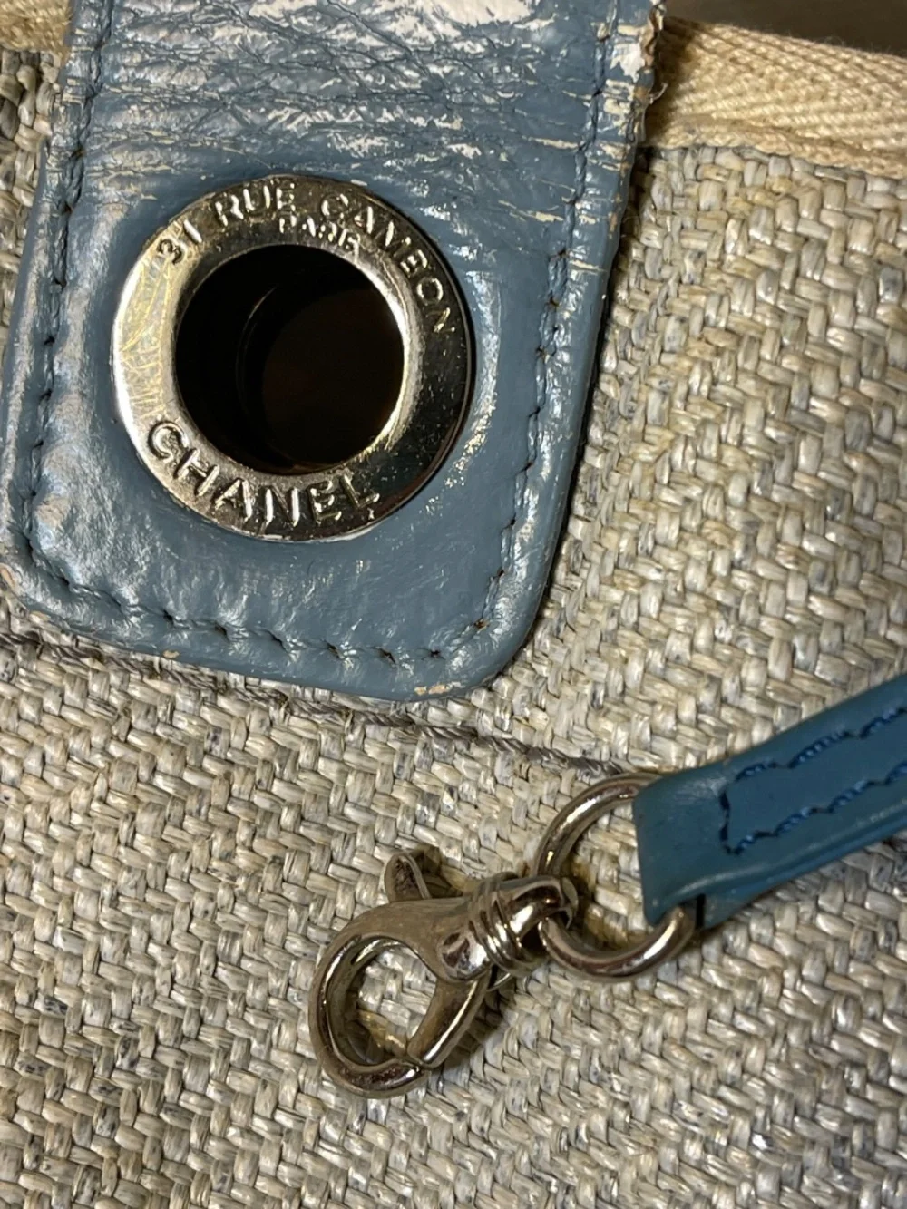 CHANEL Beige Canvas Tote with Blue Handles